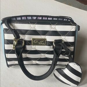 Betsey Johnson Black and White Striped Satchel with Heart Charm crossbody